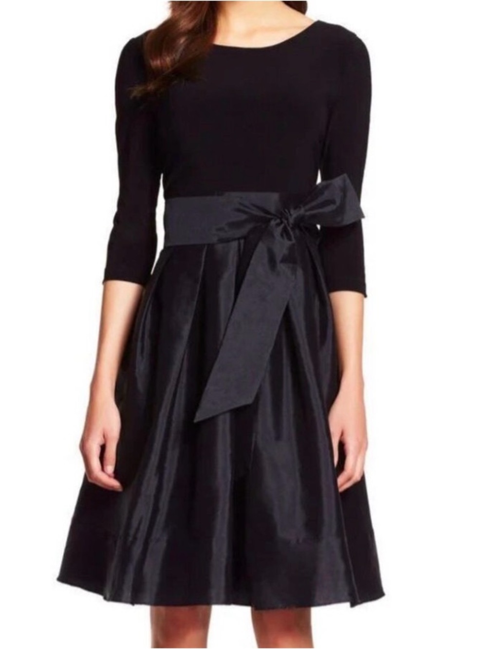 Adrianna Papell Black Midi Fit-and-Flare Dress with Satin Waist Bow